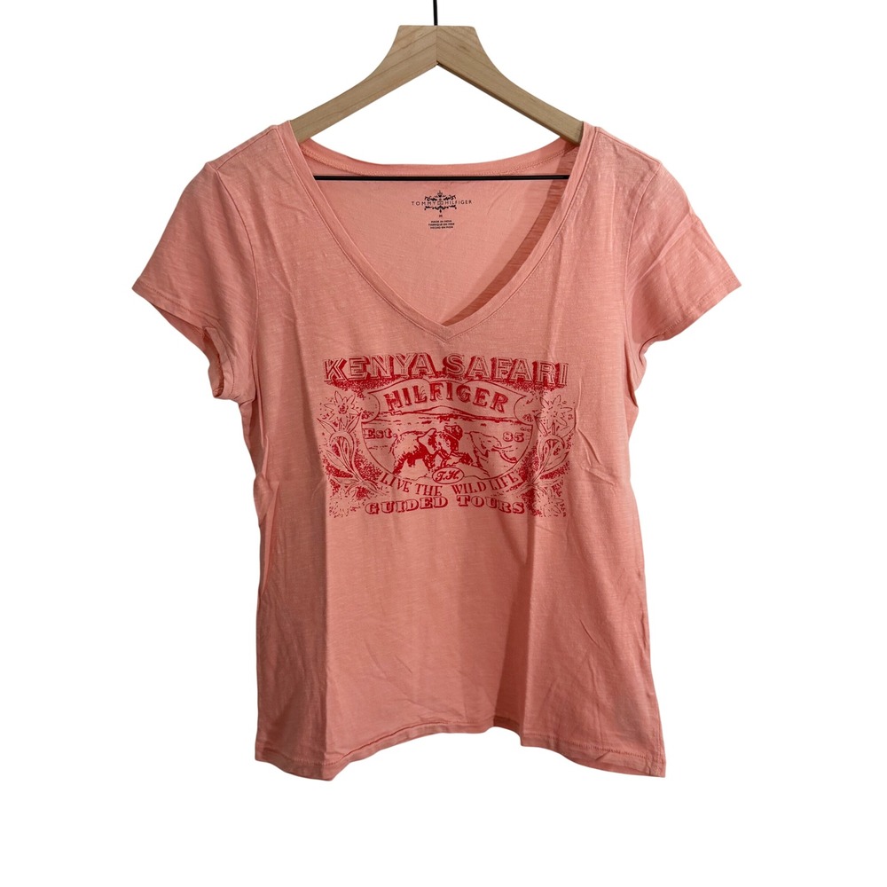 Tommy Hilfiger Kenya Safari Elephant Graphic T-Shirt Coral Medium Travel Casual